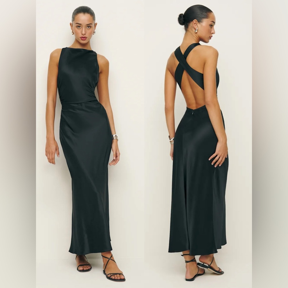 NEW Reformation Black Casette Silk Maxi Dress 6 - Picture 3 of 16